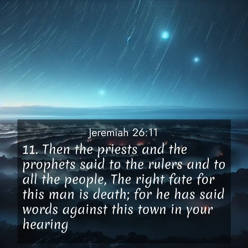 BBE Jeremiah 26:11 overlaying nature image scene: Volcanic steam rises through a field of black lava. Stars wheel overhead in the thin air.;11. Then the priests and the prophets said to the rulers and to all the people, The right fate for this man is death; for he has said words against this town in your hearing.