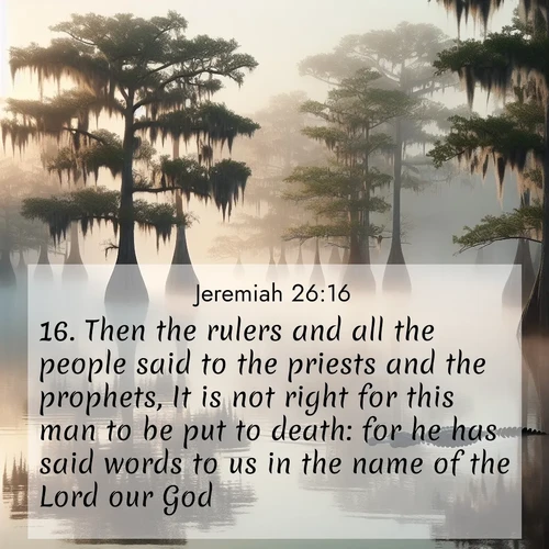BBE Jeremiah 26:16 overlaying nature image scene: Morning fog clings to gnarled cypress trees in the swamp. An alligator glides silently through the dark water.;16. Then the rulers and all the people said to the priests and the prophets, It is not right for this man to be put to death: for he has said words to us in the name of the Lord our God.
