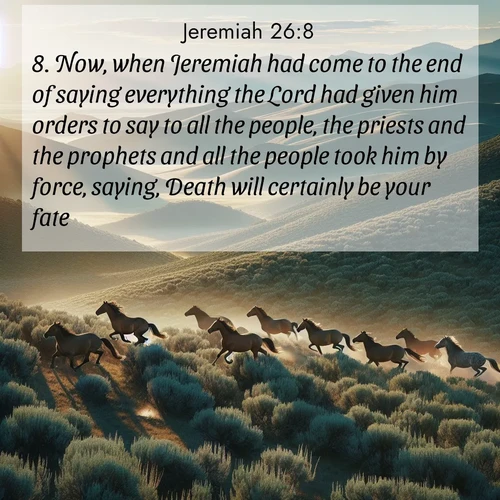 BBE Jeremiah 26:8 overlaying nature image scene: Wild mustangs gallop across sage-covered hills in the morning light.;8. Now, when Jeremiah had come to the end of saying everything the Lord had given him orders to say to all the people, the priests and the prophets and all the people took him by force, saying, Death will certainly be your fate.