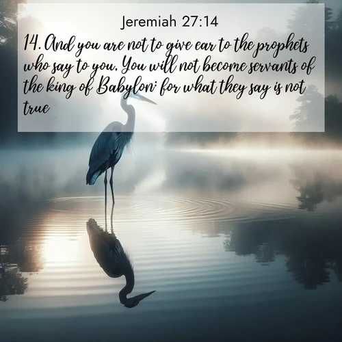 BasicEnglish Jeremiah  ; image nature: image with the bible verse :And you are not to give ear to the prophets who say to you, You will not become servants of the king of Babylon: for what they say is not true. ; Discover tranquil Bible verse images enhanced with natural scenery like rippling brooks, snow-covered fields, and sunlit beaches. These free images are perfect for wallpapers or spiritual reflection. Share KJV Jeremiah 27:14. Current verse is overlayed with the thematic nature scene : A great blue heron stands motionless in morning fog. Ripples spread from its reflection. ; 27:14