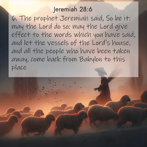 BasicEnglish Jeremiah  ; image nature: image with the bible verse :The prophet Jeremiah said, So be it: may the Lord do so: may the Lord give effect to the words which you have said, and let the vessels of the Lord&#039;s house, and all the people who have been taken away, come back from Babylon to this place. ; Explore beautiful Bible verse images paired with serene natural settings, such as calm seas, snowy paths, and verdant hills. Each image is free to download for your spiritual inspiration. Share KJV Jeremiah 28:6. Current verse is overlayed with the thematic nature scene : A shepherd guides his flock home. Sunset paints wool golden red. ; 28:6