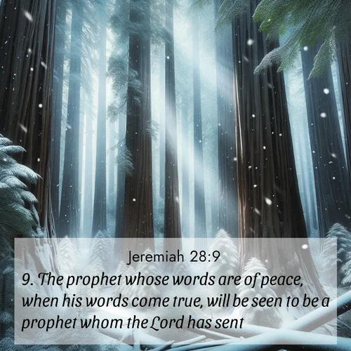BasicEnglish Jeremiah  ; image nature: image with the bible verse :The prophet whose words are of peace, when his words come true, will be seen to be a prophet whom the Lord has sent. ; Download high-resolution Bible verse images showcasing the beauty of God&#039;s creation—from radiant sunsets to tranquil rivers. Free for use as wallpapers or sharing verses like KJV Jeremiah 28:9. Current verse is overlayed with the thematic nature scene : Snow falls silently on ancient redwoods. Shafts of light pierce through to illuminate the forest floor. ; 28:9