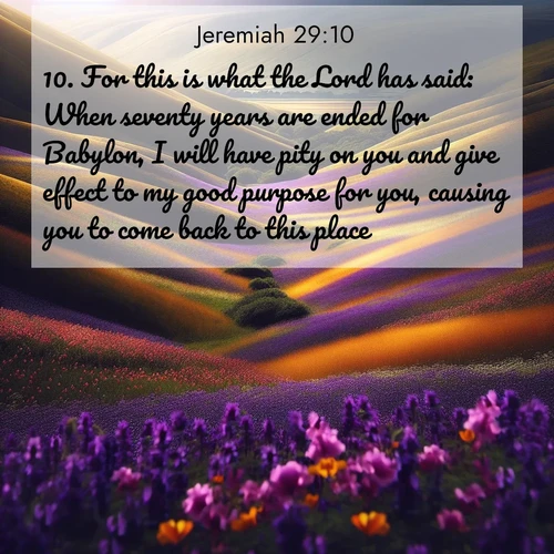 BasicEnglish Jeremiah  ; image nature: image with the bible verse :For this is what the Lord has said: When seventy years are ended for Babylon, I will have pity on you and give effect to my good purpose for you, causing you to come back to this place. ; Explore Bible verse images beautifully illustrated with spring scenes, such as blooming meadows, trees in full bloom, and tranquil streams. These landscapes convey divine hope and vitality. Download and share verses like KJV Jeremiah 29:10. Current verse is overlayed with the thematic nature scene : Spring wildflowers carpet rolling hills in purple and gold. ; 29:10