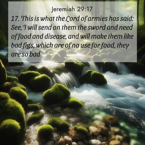 BasicEnglish Jeremiah  ; image nature: image with the bible verse :This is what the Lord of armies has said: See, I will send on them the sword and need of food and disease, and will make them like bad figs, which are of no use for food, they are so bad. ; Explore a stunning collection of Bible verse images featuring picturesque scenery like sun-drenched meadows, tranquil lakes, and majestic forests. All images are free to download and share. Verses include KJV Jeremiah 29:17. Current verse is overlayed with the thematic nature scene : A mountain stream tumbles through moss-covered stones. Sunlight dapples the crystal-clear water. ; 29:17