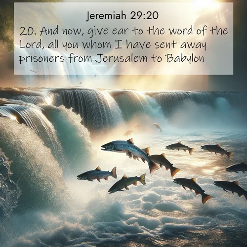 BasicEnglish Jeremiah  ; image nature: image with the bible verse :And now, give ear to the word of the Lord, all you whom I have sent away prisoners from Jerusalem to Babylon. ; Admire our autumnal collection of Bible verse images accompanied by photos of paths lined with red and yellow leaves, fiery forests, and calm rivers. These images inspire reflection and serenity. Share verses like KJV Jeremiah 29:20. Current verse is overlayed with the thematic nature scene : Wild salmon leap ancient waterfalls. Mist rises like spirits in morning light. ; 29:20