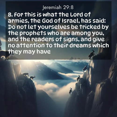 BasicEnglish Jeremiah  ; image nature: image with the bible verse :For this is what the Lord of armies, the God of Israel, has said: Do not let yourselves be tricked by the prophets who are among you, and the readers of signs, and give no attention to their dreams which they may have; ; Explore an exceptional collection of Bible verse images accompanied by photos of nature, showcasing snowy mountains, serene forests, and still lakes. These images feature luminous tones and varied fonts to bring serenity and inspiration. Share uplifting verses like KJV Jeremiah 29:8. Current verse is overlayed with the thematic nature scene : Mountain goats traverse sheer faces. Clouds part to reveal their path. ; 29:8
