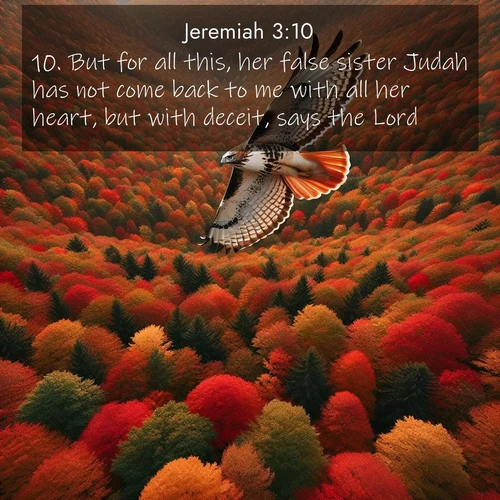 BBE Jeremiah 3:10 overlaying nature image scene: A red-tailed hawk circles above autumn woods. Leaves below form a mosaic of fire.;10. But for all this, her false sister Judah has not come back to me with all her heart, but with deceit, says the Lord.