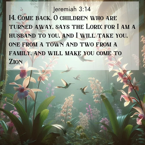 BBE Jeremiah 3:14 overlaying nature image scene: Wild orchids bloom in rainforest canopy. Hummingbirds dance between delicate petals.;14. Come back, O children who are turned away, says the Lord; for I am a husband to you, and I will take you, one from a town and two from a family, and will make you come to Zion;
