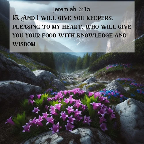 BBE Jeremiah 3:15 overlaying nature image scene: Alpine gentians bloom in rocky crevices. Summer storms gather above treeline.;15. And I will give you keepers, pleasing to my heart, who will give you your food with knowledge and wisdom.