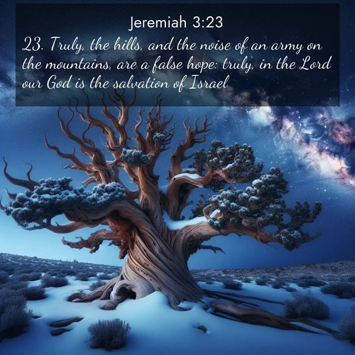 BBE Jeremiah 3:23 overlaying nature image scene: Ancient bristlecone pine twists against a navy twilight sky, its gnarled branches laden with fresh snow. The Milky Way arcs overhead in crystalline clarity.;23. Truly, the hills, and the noise of an army on the mountains, are a false hope: truly, in the Lord our God is the salvation of Israel.