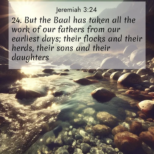 BBE Jeremiah 3:24 overlaying nature image scene: Mountain streams sing ancient songs. Sunlight dances through clear pools.;24. But the Baal has taken all the work of our fathers from our earliest days; their flocks and their herds, their sons and their daughters.