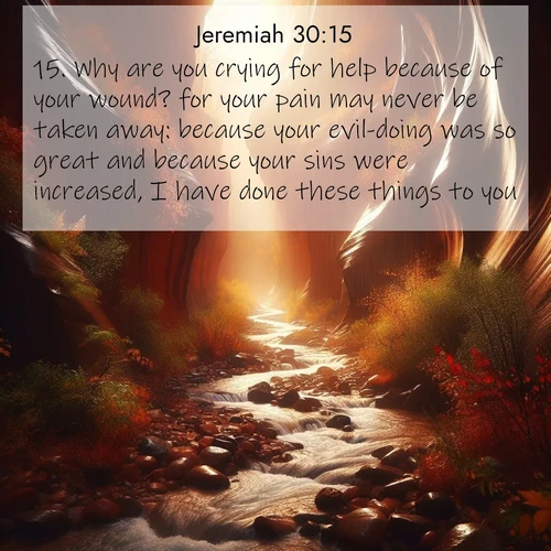 BasicEnglish Jeremiah  ; image nature: image with the bible verse :Why are you crying for help because of your wound? for your pain may never be taken away: because your evil-doing was so great and because your sins were increased, I have done these things to you. ; Admire our gallery of Bible verse images showcasing divine beauty in nature—whether snowy peaks or serene oceans. Each image is freely downloadable and perfect for personal or spiritual use. Share verses like KJV Jeremiah 30:15. Current verse is overlayed with the thematic nature scene : Autumn rain creates temporary streams in slot canyons. ; 30:15