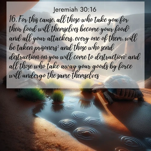 BasicEnglish Jeremiah  ; image nature: image with the bible verse :For this cause, all those who take you for their food will themselves become your food; and all your attackers, every one of them, will be taken prisoners; and those who send destruction on you will come to destruction; and all those who take away your goods by force will undergo the same themselves. ; Download Bible verse images featuring vibrant photos of nature, from snowy landscapes to golden deserts. These free images are perfect for phone wallpapers, desktop backgrounds, or sharing. Verses include KJV Jeremiah 30:16. Current verse is overlayed with the thematic nature scene : Desert tortoises emerge after summer rains. Thunder echoes through hidden canyons. ; 30:16