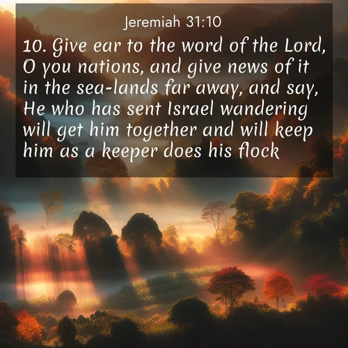 BasicEnglish Jeremiah  ; image nature: image with the bible verse :Give ear to the word of the Lord, O you nations, and give news of it in the sea-lands far away, and say, He who has sent Israel wandering will get him together and will keep him as a keeper does his flock. ; Explore an exceptional collection of Bible verse images accompanied by photos of nature, showcasing snowy mountains, serene forests, and still lakes. These images feature luminous tones and varied fonts to bring serenity and inspiration. Share uplifting verses like KJV Jeremiah 31:10. Current verse is overlayed with the thematic nature scene : Autumn mist rises from warming morning valleys. ; 31:10