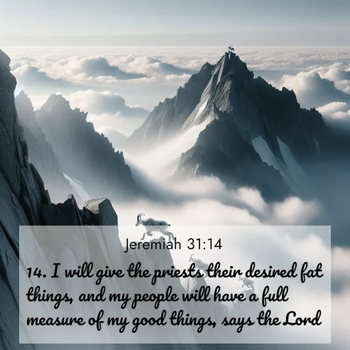 BasicEnglish Jeremiah  ; image nature: image with the bible verse :I will give the priests their desired fat things, and my people will have a full measure of my good things, says the Lord. ; Admire Bible verse images illustrated by summer photos, such as sunny beaches, sparkling waves, and swaying palm trees. These bright scenes highlight the joy and warmth of God&#039;s creation. Download and share verses like KJV Jeremiah 31:14. Current verse is overlayed with the thematic nature scene : Mountain goats navigate impossible peaks. Clouds swirl beneath their sure feet. ; 31:14