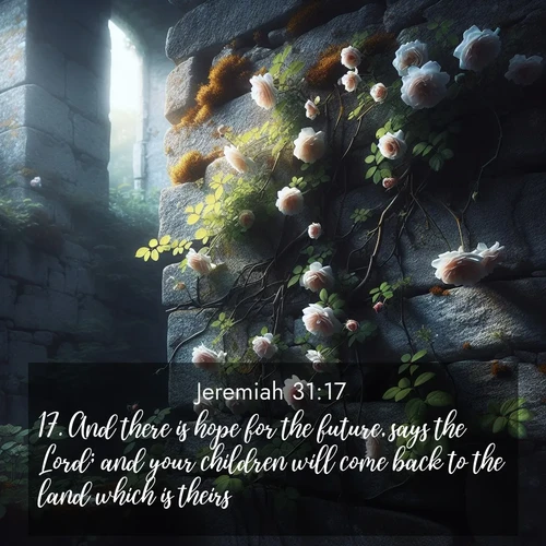 BasicEnglish Jeremiah  ; image nature: image with the bible verse :And there is hope for the future, says the Lord; and your children will come back to the land which is theirs. ; Admire our free collection of Bible verse images with beautiful landscapes like sunlit forests, rippling waters, and radiant dawns. Each verse, such as KJV Jeremiah 31:17, is ready to download and share. Current verse is overlayed with the thematic nature scene : Wild roses climb abandoned stone walls. Time stands still in the secret garden. ; 31:17