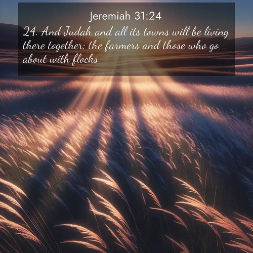 BasicEnglish Jeremiah  ; image nature: image with the bible verse :And Judah and all its towns will be living there together; the farmers and those who go about with flocks. ; Access a vast collection of Bible verse images illustrated with natural landscapes like calm rivers, blooming fields, and bright horizons. These images emphasize the serenity and splendor of God&#039;s creation, accompanied by aesthetic fonts and joyful colors. Download verses like KJV Jeremiah 31:24 and share them. Current verse is overlayed with the thematic nature scene : Summer breeze ripples through fields of prairie grass. ; 31:24