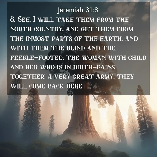 BasicEnglish Jeremiah  ; image nature: image with the bible verse :See, I will take them from the north country, and get them from the inmost parts of the earth, and with them the blind and the feeble-footed, the woman with child and her who is in birth-pains together: a very great army, they will come back here. ; Discover Bible verse images capturing the warmth of summer, with beach landscapes, sunlit fields, and clear skies. These bright scenes reflect divine joy. Share verses like KJV Jeremiah 31:8. Current verse is overlayed with the thematic nature scene : A giant sequoia reaches through morning fog. Centuries of growth stretch skyward in silent majesty. ; 31:8
