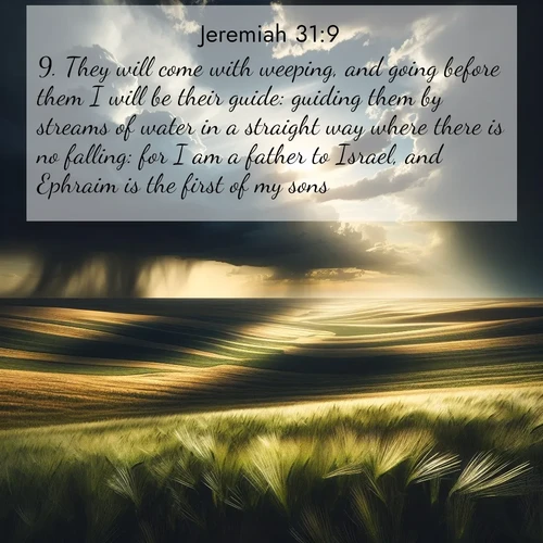 BasicEnglish Jeremiah  ; image nature: image with the bible verse :They will come with weeping, and going before them I will be their guide: guiding them by streams of water in a straight way where there is no falling: for I am a father to Israel, and Ephraim is the first of my sons. ; Browse beautiful Bible verse images accompanied by peaceful scenes like calm seas, ancient forests, and radiant horizons. Download high-quality, free images featuring verses such as KJV Jeremiah 31:9. Current verse is overlayed with the thematic nature scene : Summer storms approach across vast prairie skies. ; 31:9
