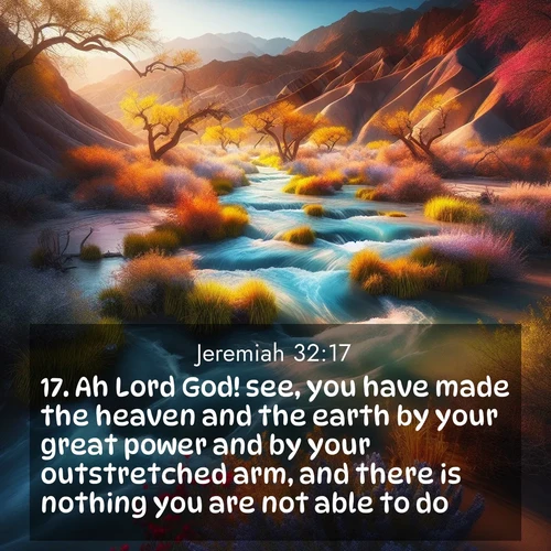 BasicEnglish Jeremiah  ; image nature: image with the bible verse :Ah Lord God! see, you have made the heaven and the earth by your great power and by your outstretched arm, and there is nothing you are not able to do: ; Admire Bible images representing autumn, with swirling leaves, misty skies, and vibrant trees. These images inspire profound spiritual reflection. Download and share verses like KJV Jeremiah 32:17. Current verse is overlayed with the thematic nature scene : Spring floods transform desert arroyos into rushing streams. ; 32:17