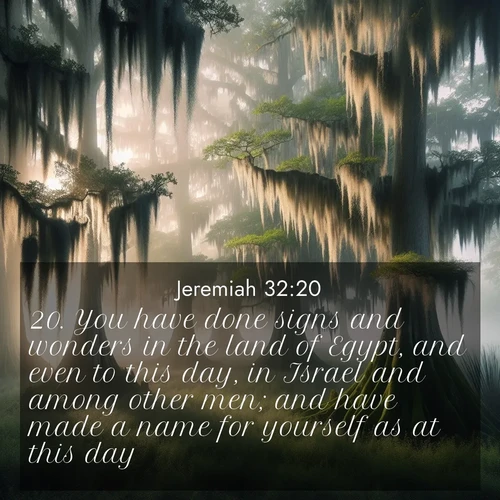 BasicEnglish Jeremiah  ; image nature: image with the bible verse :You have done signs and wonders in the land of Egypt, and even to this day, in Israel and among other men; and have made a name for yourself as at this day; ; Explore a gallery of beautiful Bible verse images with tranquil natural settings—perfect for phone backgrounds or inspirational posts. Download your favorite verses like KJV Jeremiah 32:20 today. Current verse is overlayed with the thematic nature scene : Moss-draped cypress trees emerge from morning fog. Spanish moss sways like ancient lace. ; 32:20