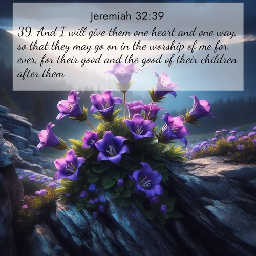 BasicEnglish Jeremiah  ; image nature: image with the bible verse :And I will give them one heart and one way, so that they may go on in the worship of me for ever, for their good and the good of their children after them: ; Explore a winter collection of Bible verse images adorned with photos of icy landscapes, frozen waterfalls, and snow-covered forests. These scenes capture divine tranquility and purity. Download inspiring verses like KJV Jeremiah 32:39. Current verse is overlayed with the thematic nature scene : Wild gentians bloom in rocky cracks. Summer storms gather above treeline. ; 32:39