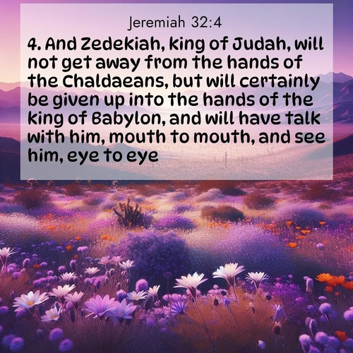 BasicEnglish Jeremiah  ; image nature: image with the bible verse :And Zedekiah, king of Judah, will not get away from the hands of the Chaldaeans, but will certainly be given up into the hands of the king of Babylon, and will have talk with him, mouth to mouth, and see him, eye to eye. ; Discover beautiful Bible verse images enriched with natural landscapes, from serene beaches to cascading waterfalls. All images are free and ready to download. Share verses such as KJV Jeremiah 32:4. Current verse is overlayed with the thematic nature scene : Desert wildflowers carpet Death Valley after winter rains. Mountains fade to purple on the horizon. ; 32:4