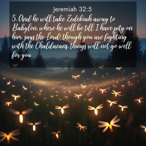 BasicEnglish Jeremiah  ; image nature: image with the bible verse :And he will take Zedekiah away to Babylon, where he will be till I have pity on him, says the Lord: though you are fighting with the Chaldaeans, things will not go well for you? ; Explore winter-themed Bible verse images illustrated by snowy mountains, frost-covered branches, and clear skies. These landscapes reflect divine purity and peace. Download verses like KJV Jeremiah 32:5. Current verse is overlayed with the thematic nature scene : Lightning bugs rise from summer meadows at dusk. Their lights dance like earthbound stars. ; 32:5