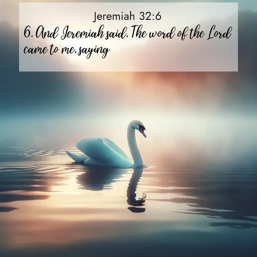 BasicEnglish Jeremiah  ; image nature: image with the bible verse :And Jeremiah said, The word of the Lord came to me, saying, ; Explore a collection of inspiring Bible verse images accompanied by winter photos, such as snowy landscapes, frosted trees, and frozen lakes. These images reflect the peace and purity of God&#039;s creation, with elegant fonts and luminous colors. Download and share verses like KJV Jeremiah 32:6. Current verse is overlayed with the thematic nature scene : A single swan glides across a misty lake. Dawn paints the water in pastels. ; 32:6