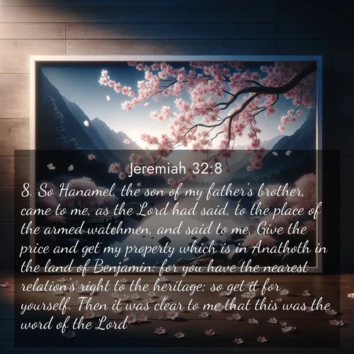 BasicEnglish Jeremiah  ; image nature: image with the bible verse :So Hanamel, the son of my father&#039;s brother, came to me, as the Lord had said, to the place of the armed watchmen, and said to me, Give the price and get my property which is in Anathoth in the land of Benjamin: for you have the nearest relation&#039;s right to the heritage; so get it for yourself. Then it was clear to me that this was the word of the Lord. ; Dive into our collection of Bible verses paired with coastal scenes, featuring calming waves, infinite beaches, and reflections of the sun on the water. These images evoke the peace and beauty of God. Share verses like KJV Jeremiah 32:8. Current verse is overlayed with the thematic nature scene : Cherry blossoms swirl in a spring breeze. Their petals dust the surface of a still mountain pond. ; 32:8