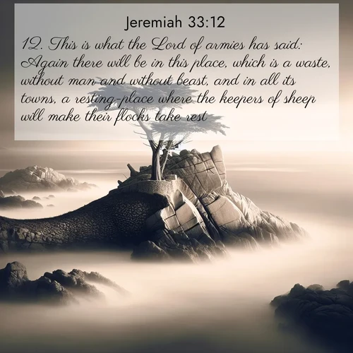 BasicEnglish Jeremiah  ; image nature: image with the bible verse :This is what the Lord of armies has said: Again there will be in this place, which is a waste, without man and without beast, and in all its towns, a resting-place where the keepers of sheep will make their flocks take rest. ; Admire our autumnal collection of Bible verse images accompanied by photos of paths lined with red and yellow leaves, fiery forests, and calm rivers. These images inspire reflection and serenity. Share verses like KJV Jeremiah 33:12. Current verse is overlayed with the thematic nature scene : A lone cypress stands sentinel on a wave-carved point. Pacific storms have shaped its every branch. ; 33:12
