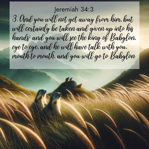 BasicEnglish Jeremiah  ; image nature: image with the bible verse :And you will not get away from him, but will certainly be taken and given up into his hands; and you will see the king of Babylon, eye to eye, and he will have talk with you, mouth to mouth, and you will go to Babylon. ; Browse Bible images illustrated by desert landscapes, with endless skies, golden dunes, and isolated palm trees. These images evoke the calm and grandeur of God&#039;s creation. Download inspiring verses like KJV Jeremiah 34:3. Current verse is overlayed with the thematic nature scene : Mountain meadow grasses bend in wind. Marmots whistle from rocky outcrops. ; 34:3