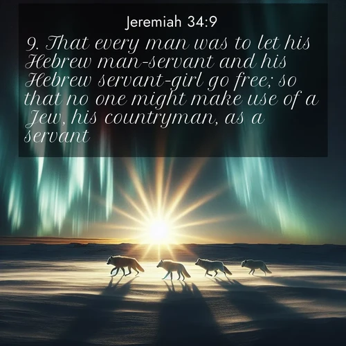 BasicEnglish Jeremiah  ; image nature: image with the bible verse :That every man was to let his Hebrew man-servant and his Hebrew servant-girl go free; so that no one might make use of a Jew, his countryman, as a servant: ; Discover Bible images capturing the essence of autumn, with wooded paths, golden fields, and swirling leaves. These scenes reflect the changing beauty of God&#039;s creation. Download verses like KJV Jeremiah 34:9. Current verse is overlayed with the thematic nature scene : Arctic wolves traverse windswept tundra. Northern lights paint their fur in shifting colors. ; 34:9