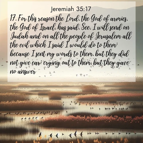 BasicEnglish Jeremiah  ; image nature: image with the bible verse :For this reason the Lord, the God of armies, the God of Israel, has said, See, I will send on Judah and on all the people of Jerusalem all the evil which I said I would do to them: because I sent my words to them, but they did not give ear; crying out to them, but they gave no answer. ; Discover Bible images illustrated by desert landscapes, like sand dunes, majestic rocks, and starry skies. These images symbolize the grandeur and immensity of God&#039;s creation. Download verses like KJV Jeremiah 35:17. Current verse is overlayed with the thematic nature scene : Spring migration fills marshlands with calling birds. ; 35:17