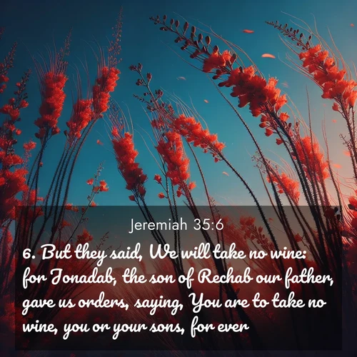 BasicEnglish Jeremiah  ; image nature: image with the bible verse :But they said, We will take no wine: for Jonadab, the son of Rechab our father, gave us orders, saying, You are to take no wine, you or your sons, for ever: ; Discover inspiring Bible verse images featuring natural wonders like lush forests, sunny horizons, and cascading waterfalls. Perfect for wallpapers or spiritual encouragement. Download verses like KJV Jeremiah 35:6. Current verse is overlayed with the thematic nature scene : Desert ocotillo flames against blue sky. Wind sings through its scarlet blooms. ; 35:6