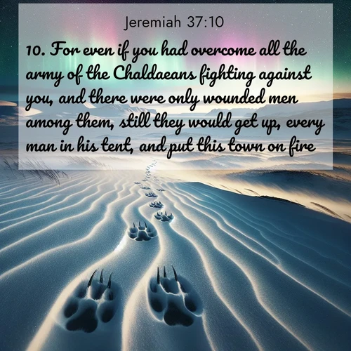 BasicEnglish Jeremiah  ; image nature: image with the bible verse :For even if you had overcome all the army of the Chaldaeans fighting against you, and there were only wounded men among them, still they would get up, every man in his tent, and put this town on fire. ; Explore beautiful Bible verse images paired with serene natural settings, such as calm seas, snowy paths, and verdant hills. Each image is free to download for your spiritual inspiration. Share KJV Jeremiah 37:10. Current verse is overlayed with the thematic nature scene : Arctic fox tracks cross windswept tundra. Northern lights pulse overhead in cosmic rhythm. ; 37:10