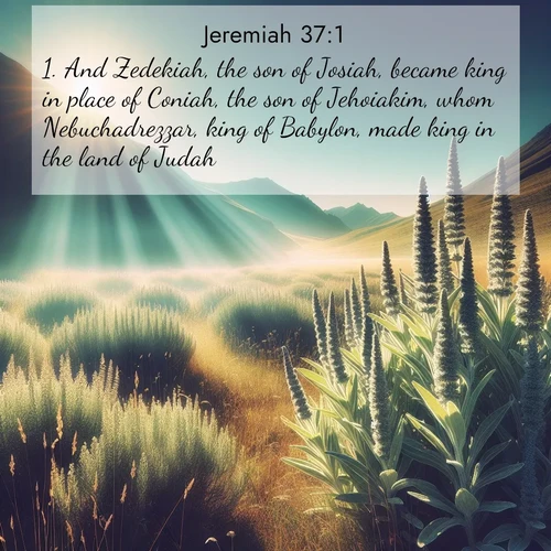 BasicEnglish Jeremiah  ; image nature: image with the bible verse :And Zedekiah, the son of Josiah, became king in place of Coniah, the son of Jehoiakim, whom Nebuchadrezzar, king of Babylon, made king in the land of Judah. ; Browse high-resolution Bible verse images featuring stunning nature photography, such as radiant sunsets, tranquil rivers, and blooming fields. Perfect for wallpapers or sharing on social media. Download KJV Jeremiah 37:1. Current verse is overlayed with the thematic nature scene : Summer heat brings out the scent of sage in mountain meadows. ; 37:1