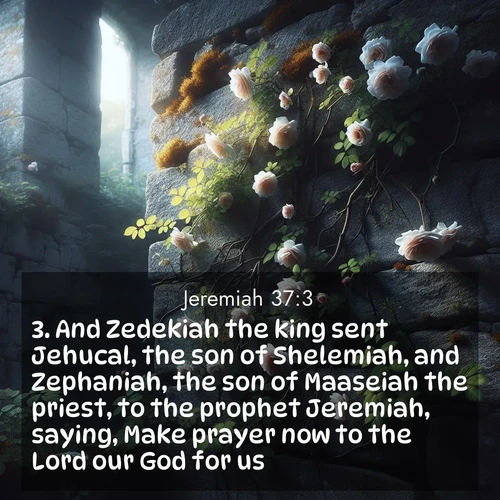 BasicEnglish Jeremiah  ; image nature: image with the bible verse :And Zedekiah the king sent Jehucal, the son of Shelemiah, and Zephaniah, the son of Maaseiah the priest, to the prophet Jeremiah, saying, Make prayer now to the Lord our God for us. ; Admire Bible verse images illustrated by desert scenes, such as sunsets over dunes, majestic rocks, and solitary cacti. These images capture the majesty of God in arid places. Download and share verses like KJV Jeremiah 37:3. Current verse is overlayed with the thematic nature scene : Wild roses climb abandoned stone walls. Time stands still in the secret garden. ; 37:3