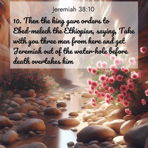 BasicEnglish Jeremiah  ; image nature: image with the bible verse :Then the king gave orders to Ebed-melech the Ethiopian, saying, Take with you three men from here and get Jeremiah out of the water-hole before death overtakes him. ; Dive into our collection of Bible verse images combined with sublime nature photos, such as graceful waterfalls, radiant sunsets, and endless meadows. These compositions highlight the peace and harmony of God&#039;s creation with vivid colors and carefully integrated text. Download and share verses like KJV Jeremiah 38:10. Current verse is overlayed with the thematic nature scene : Desert roses bloom in a hidden canyon after rare rainfall. Their pink petals contrast against weathered sandstone walls. ; 38:10