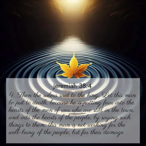 BasicEnglish Jeremiah  ; image nature: image with the bible verse :Then the rulers said to the king, Let this man be put to death, because he is putting fear into the hearts of the men of war who are still in the town, and into the hearts of the people, by saying such things to them: this man is not working for the well-being of the people, but for their damage. ; Discover a unique collection of Bible verses adorned with winter landscapes, such as snow-covered forests, gently falling snowflakes, and pristine mountains. These images evoke the peace and purity of God&#039;s creation. Share verses like KJV Jeremiah 38:4. Current verse is overlayed with the thematic nature scene : A single maple leaf floats on black water. Concentric ripples spread outward into infinity. ; 38:4