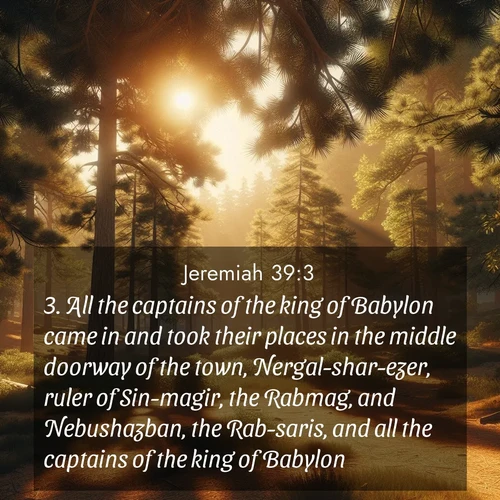 BasicEnglish Jeremiah  ; image nature: image with the bible verse :All the captains of the king of Babylon came in and took their places in the middle doorway of the town, Nergal-shar-ezer, ruler of Sin-magir, the Rabmag, and Nebushazban, the Rab-saris, and all the captains of the king of Babylon. ; Browse our collection of Bible verses paired with captivating photos of God’s creation, like crystal-clear lakes, majestic cliffs, and colorful skies. All images are free for download and sharing. Verse examples include KJV Jeremiah 39:3. Current verse is overlayed with the thematic nature scene : Summer heat brings out the scent of pine needles. ; 39:3