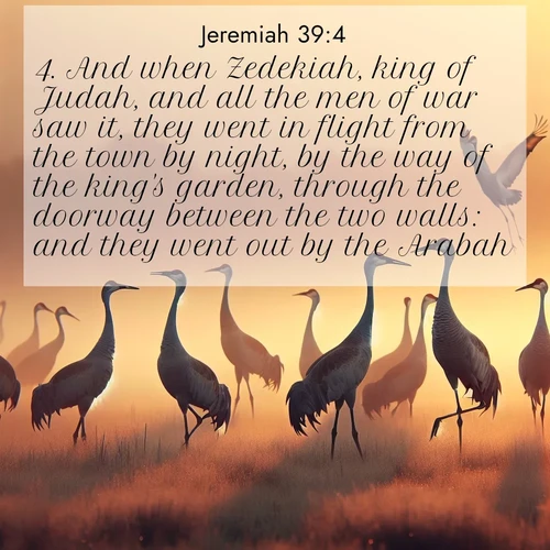 BasicEnglish Jeremiah  ; image nature: image with the bible verse :And when Zedekiah, king of Judah, and all the men of war saw it, they went in flight from the town by night, by the way of the king&#039;s garden, through the doorway between the two walls: and they went out by the Arabah. ; Admire Bible images evoking autumn, with warm colors of fallen leaves, harvested fields, and tranquil woods. These inspiring landscapes reflect the transition and beauty of God&#039;s creation. Download verses like KJV Jeremiah 39:4. Current verse is overlayed with the thematic nature scene : Sandhill cranes dance in morning mist. Their calls echo across the marsh. ; 39:4