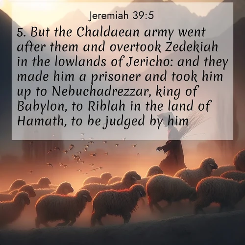 BasicEnglish Jeremiah  ; image nature: image with the bible verse :But the Chaldaean army went after them and overtook Zedekiah in the lowlands of Jericho: and they made him a prisoner and took him up to Nebuchadrezzar, king of Babylon, to Riblah in the land of Hamath, to be judged by him. ; Explore beautiful Bible verse images paired with serene natural settings, such as calm seas, snowy paths, and verdant hills. Each image is free to download for your spiritual inspiration. Share KJV Jeremiah 39:5. Current verse is overlayed with the thematic nature scene : A shepherd guides his flock home. Sunset paints wool golden red. ; 39:5
