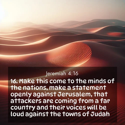 BBE Jeremiah 4:16 overlaying nature image scene: Desert wind sculpts abstract patterns in red sand.;16. Make this come to the minds of the nations, make a statement openly against Jerusalem, that attackers are coming from a far country and their voices will be loud against the towns of Judah.