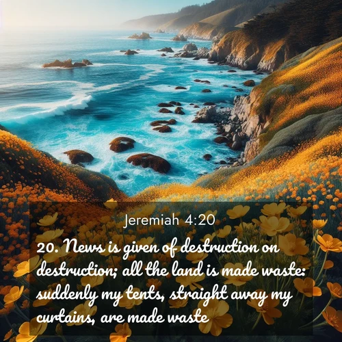 BBE Jeremiah 4:20 overlaying nature image scene: Wild mustard flowers carpet coastal cliffs. Pacific waves provide endless percussion below.;20. News is given of destruction on destruction; all the land is made waste: suddenly my tents, straight away my curtains, are made waste.