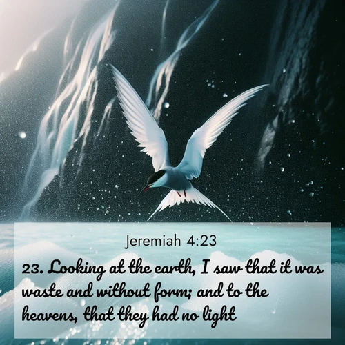 BBE Jeremiah 4:23 overlaying nature image scene: Arctic terns dive through sea spray above turquoise glacial meltwater. Their white wings flash silver against obsidian cliffs.;23. Looking at the earth, I saw that it was waste and without form; and to the heavens, that they had no light.