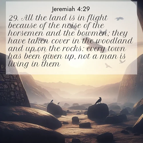 BBE Jeremiah 4:29 overlaying nature image scene: Desert petroglyphs tell ancient stories. Ravens soar past wearing shadows for wings.;29. All the land is in flight because of the noise of the horsemen and the bowmen; they have taken cover in the woodland and up on the rocks: every town has been given up, not a man is living in them.