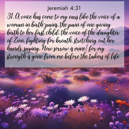 BBE Jeremiah 4:31 overlaying nature image scene: Desert wildflowers carpet Death Valley after winter rains. Mountains fade to purple on the horizon.;31. A voice has come to my ears like the voice of a woman in birth-pains, the pain of one giving birth to her first child, the voice of the daughter of Zion, fighting for breath, stretching out her hands, saying, Now sorrow is mine! for my strength is gone from me before the takers of life.