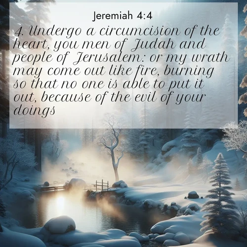 BBE Jeremiah 4:4 overlaying nature image scene: Morning mist rises from a hot spring in a snow-covered forest.;4. Undergo a circumcision of the heart, you men of Judah and people of Jerusalem: or my wrath may come out like fire, burning so that no one is able to put it out, because of the evil of your doings.