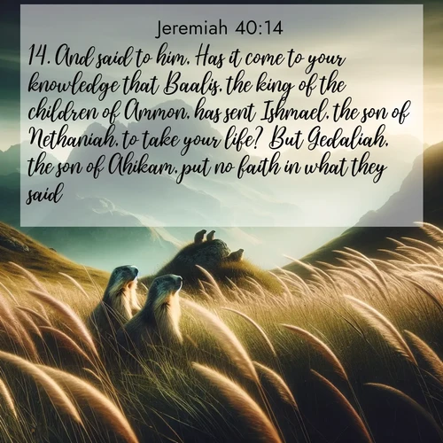 BasicEnglish Jeremiah  ; image nature: image with the bible verse :And said to him, Has it come to your knowledge that Baalis, the king of the children of Ammon, has sent Ishmael, the son of Nethaniah, to take your life? But Gedaliah, the son of Ahikam, put no faith in what they said. ; Admire stunning Bible verse images paired with photos of peaceful landscapes, such as foggy mornings, serene rivers, and blooming gardens. Download these free images and share verses like KJV Jeremiah 40:14. Current verse is overlayed with the thematic nature scene : Mountain meadow grasses bend in wind. Marmots whistle from rocky outcrops. ; 40:14